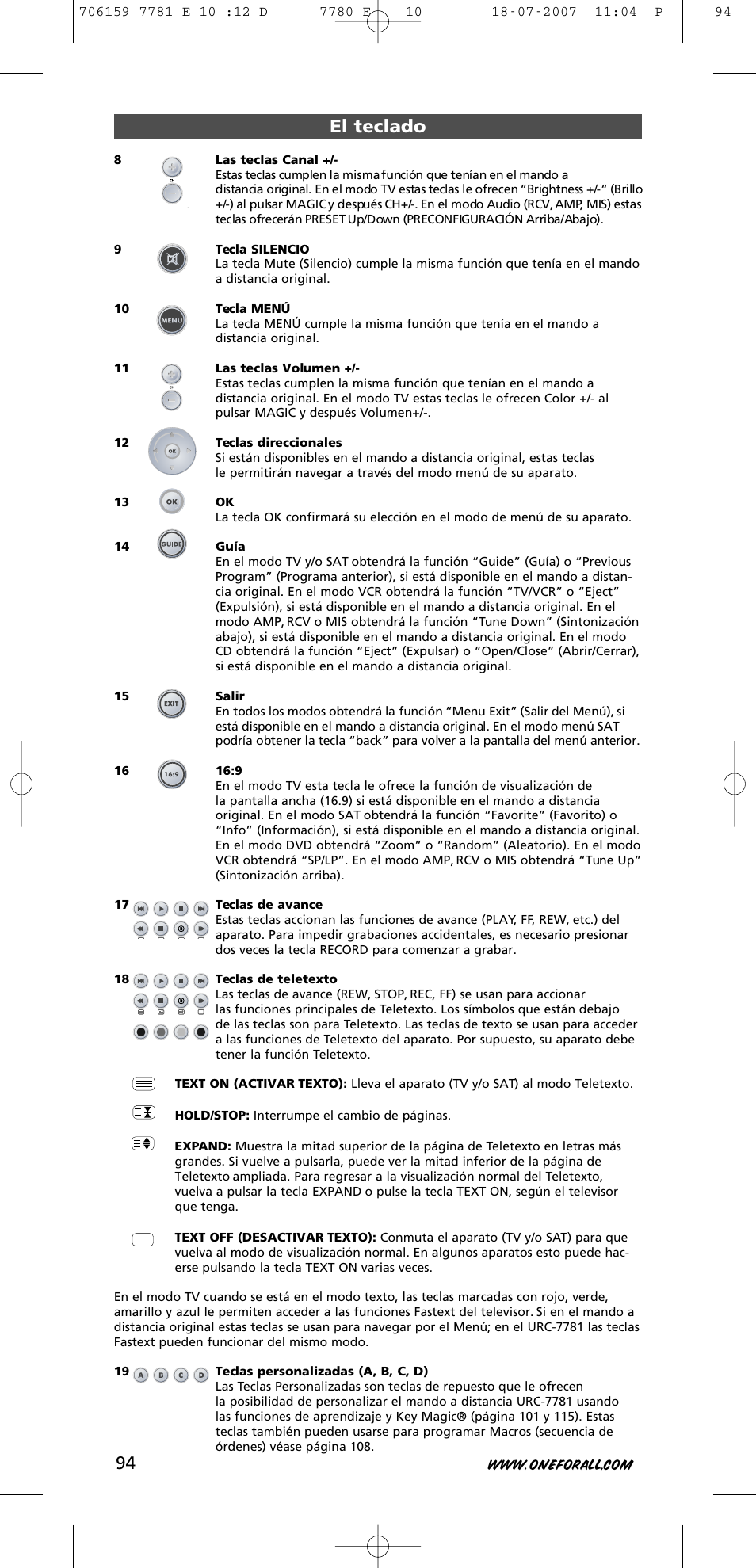 El teclado | One for All URC-7781 User Manual | Page 95 / 319