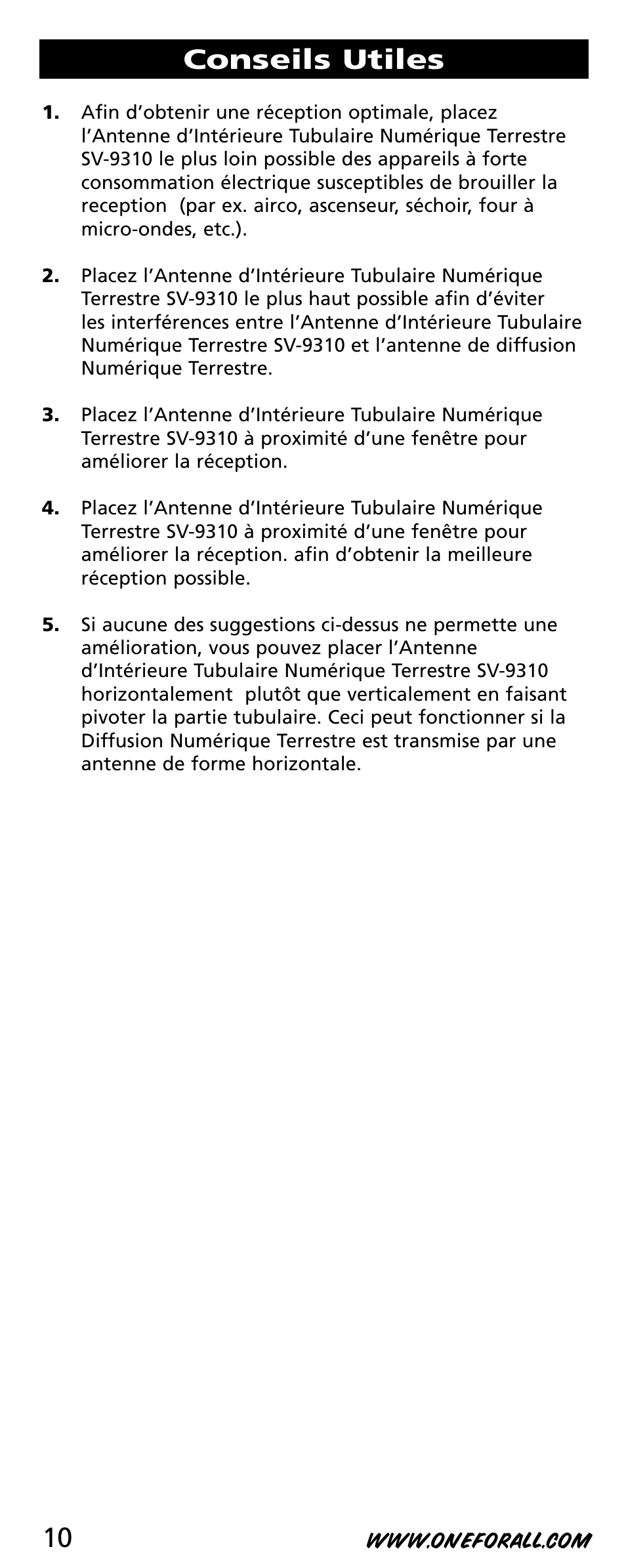 Conseils utiles | One for All SV-9310 User Manual | Page 10 / 40