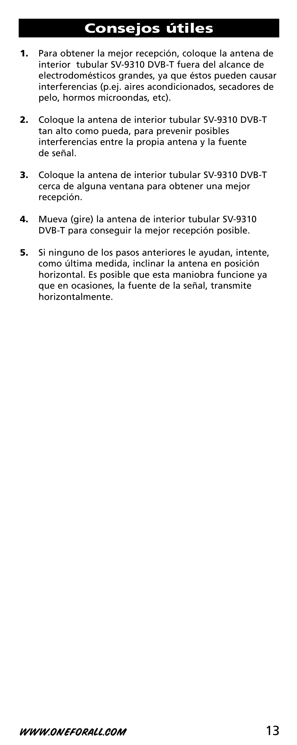 13 consejos útiles | One for All SV-9310 User Manual | Page 13 / 40