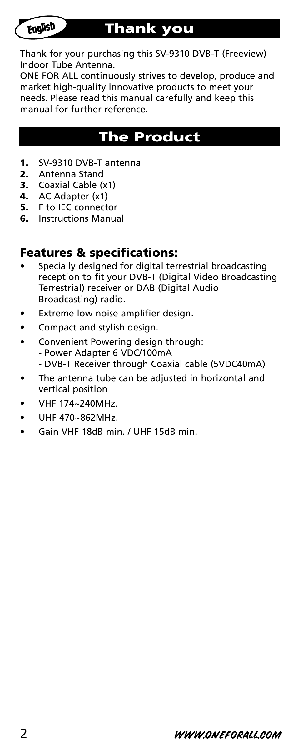 The product, Features & specifications | One for All SV-9310 User Manual | Page 2 / 40