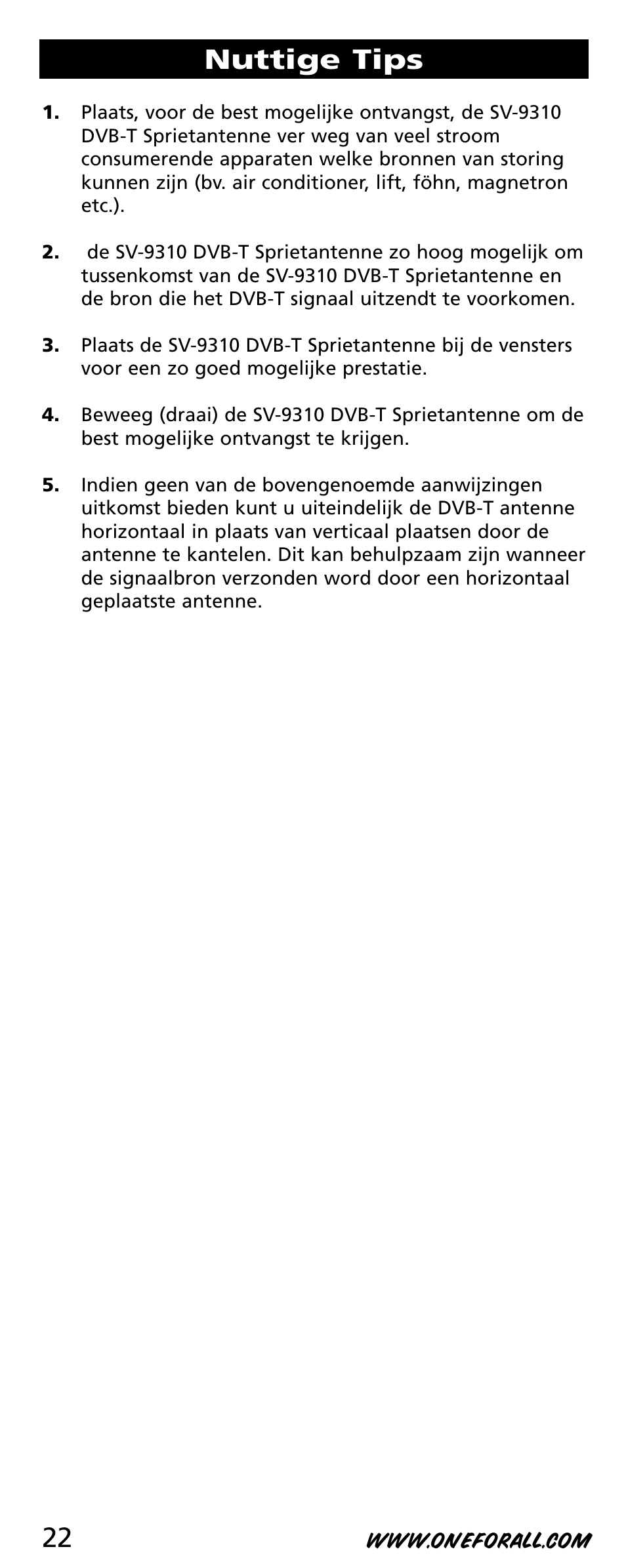 Nuttige tips | One for All SV-9310 User Manual | Page 22 / 40