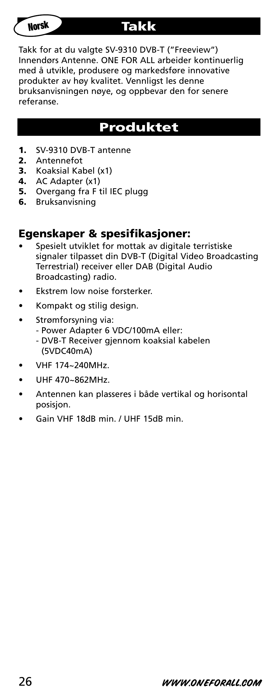 Takk, Produktet, Egenskaper & spesifikasjoner | One for All SV-9310 User Manual | Page 26 / 40