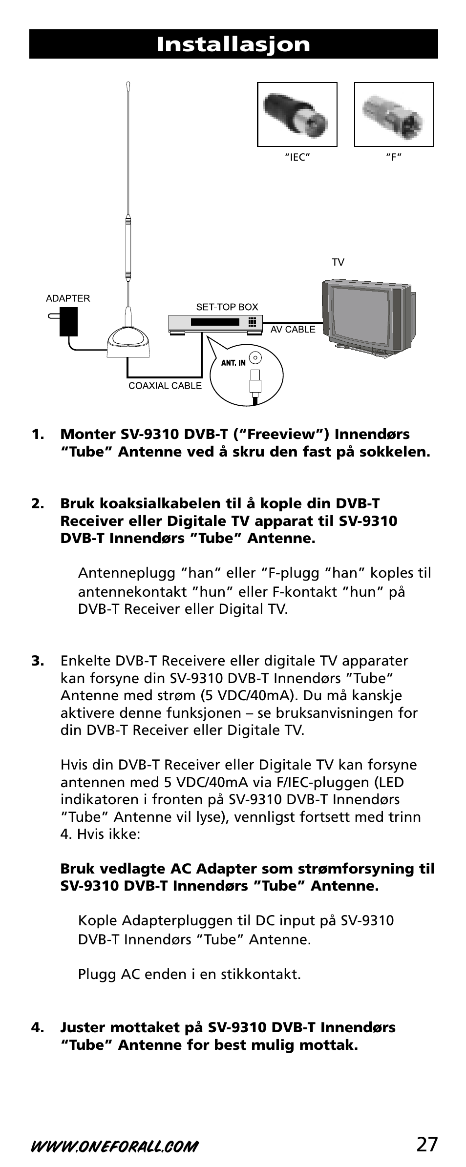 27 installasjon | One for All SV-9310 User Manual | Page 27 / 40