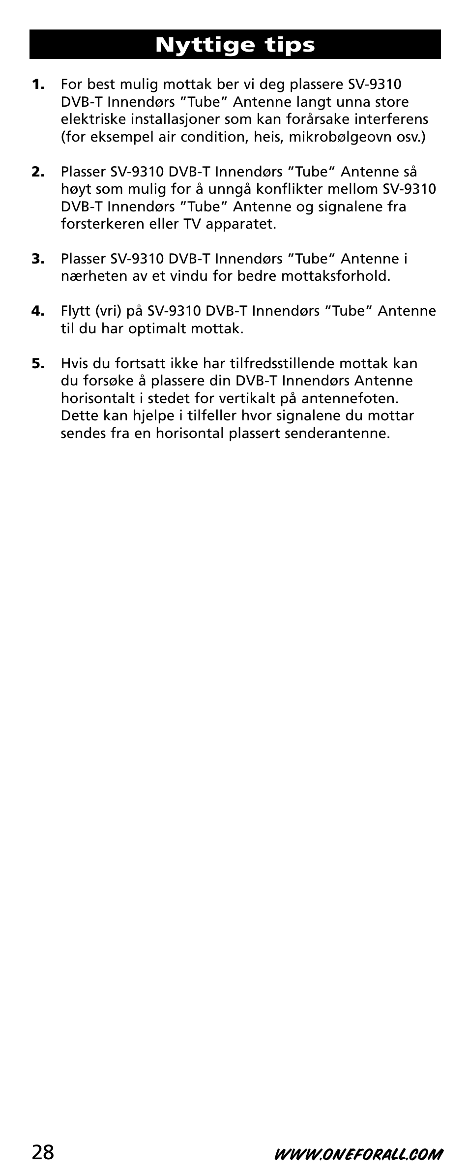 Nyttige tips | One for All SV-9310 User Manual | Page 28 / 40