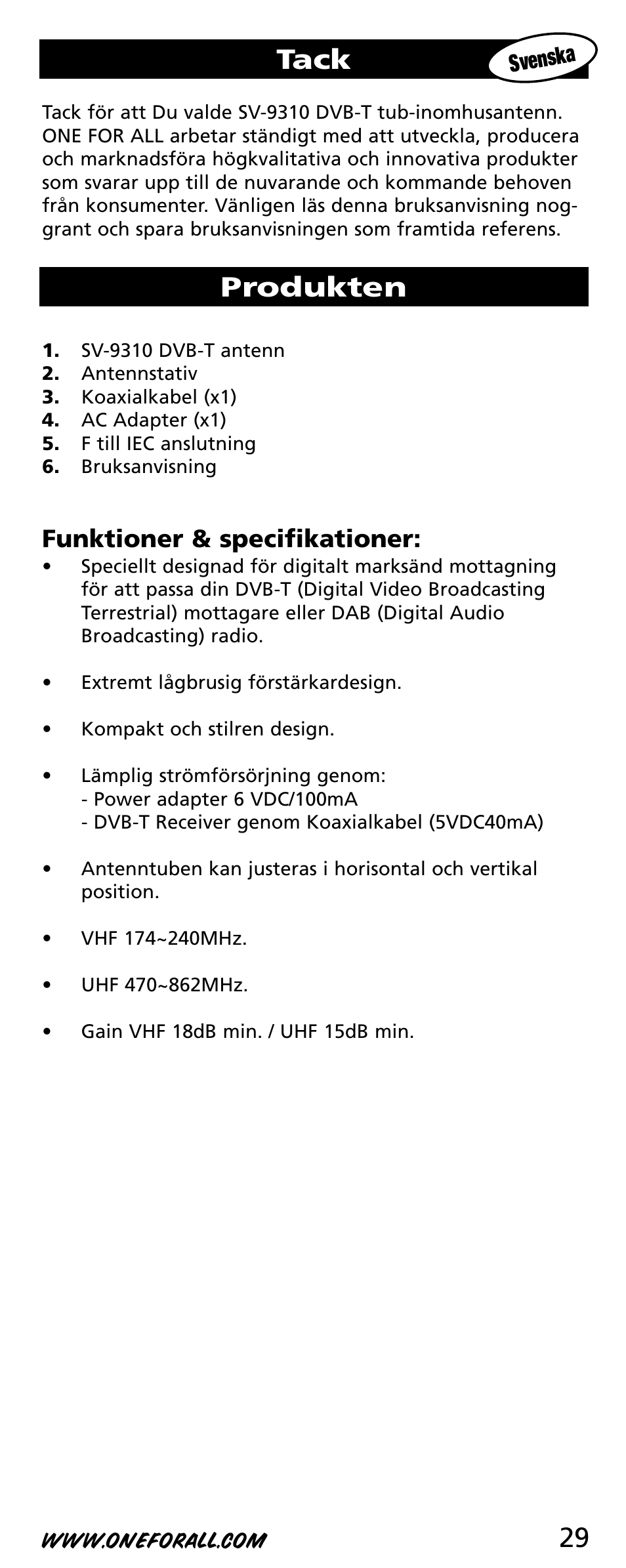29 tack, Produkten, Funktioner & specifikationer | One for All SV-9310 User Manual | Page 29 / 40