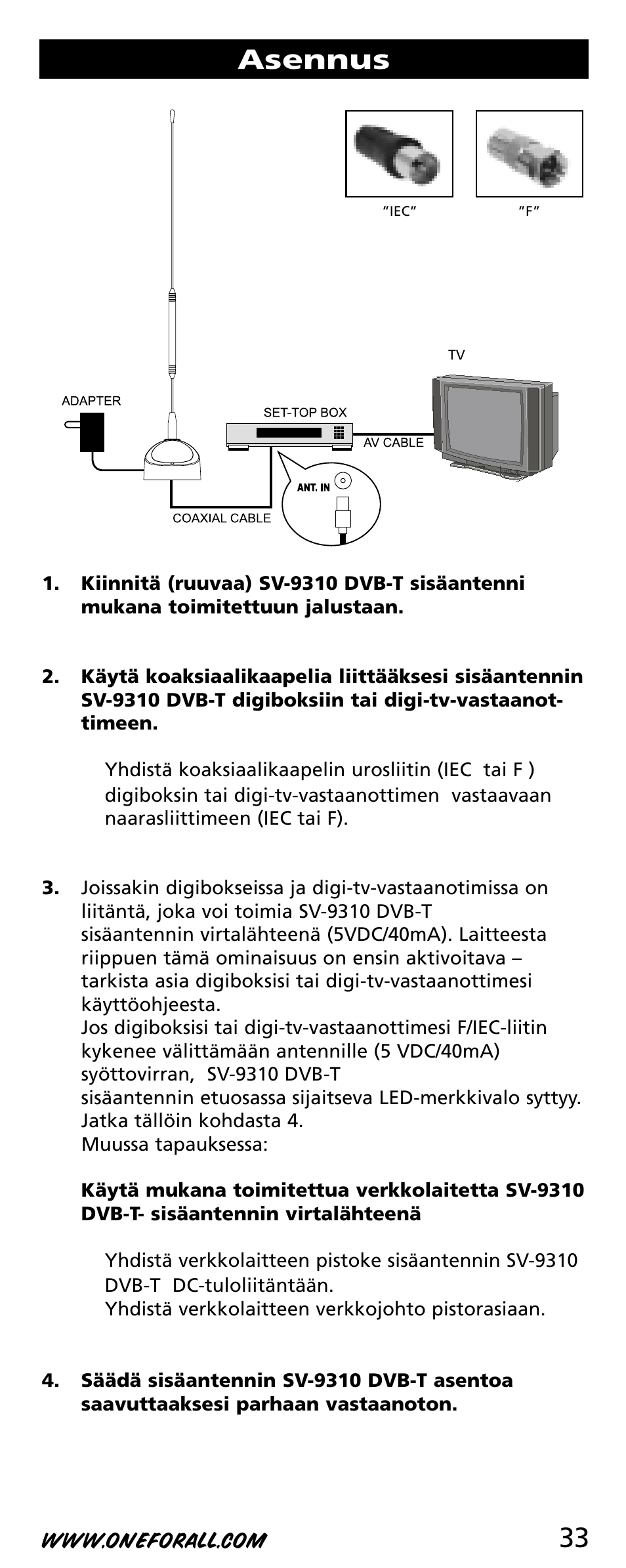 33 asennus | One for All SV-9310 User Manual | Page 33 / 40