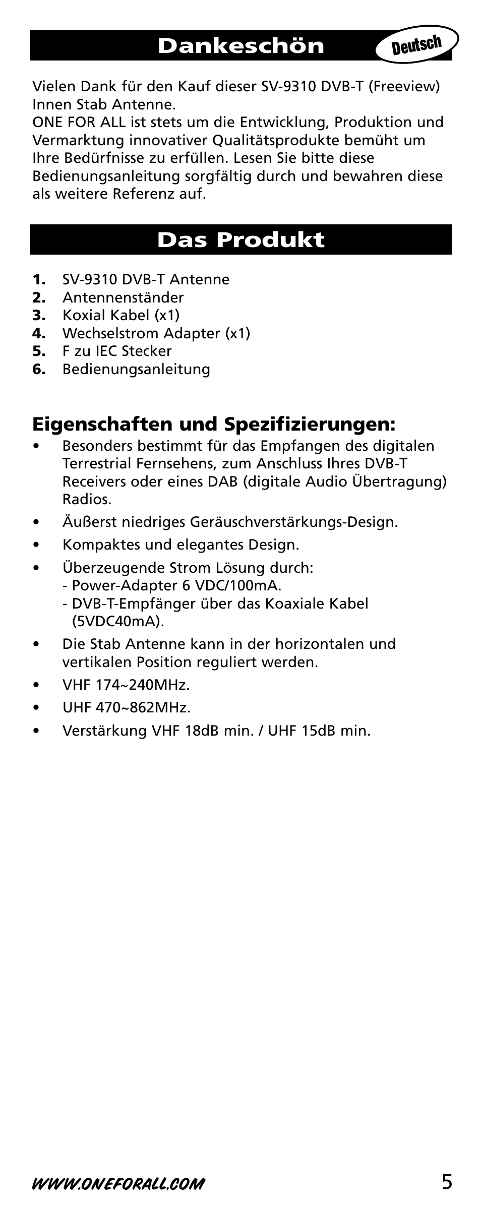 5dankeschön, Das produkt, Eigenschaften und spezifizierungen | One for All SV-9310 User Manual | Page 5 / 40