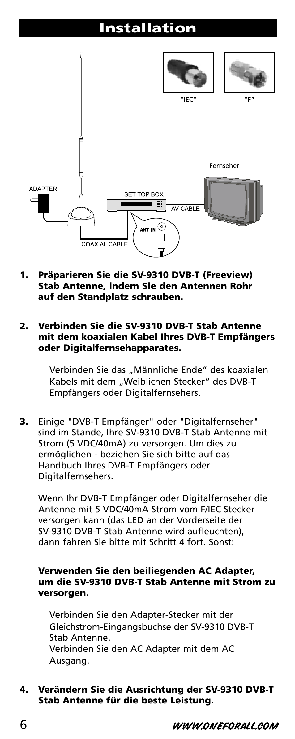 Installation | One for All SV-9310 User Manual | Page 6 / 40