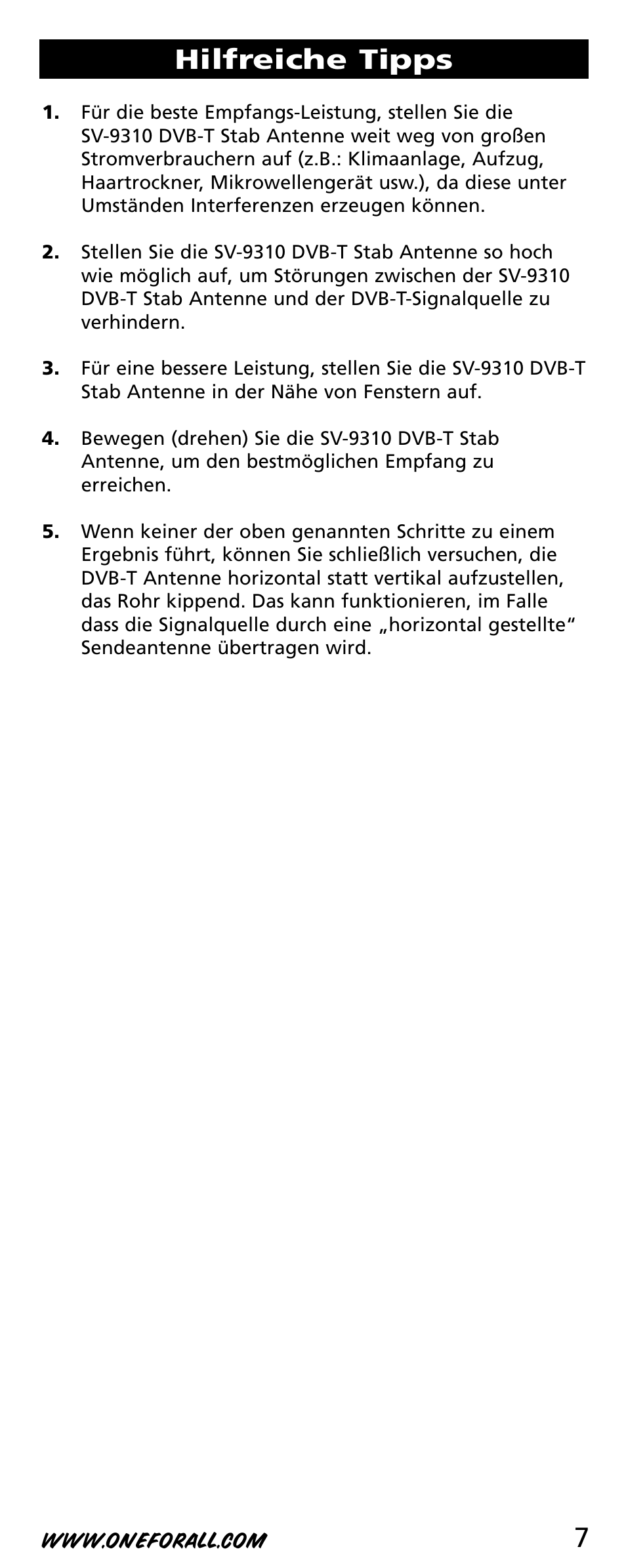 7hilfreiche tipps | One for All SV-9310 User Manual | Page 7 / 40
