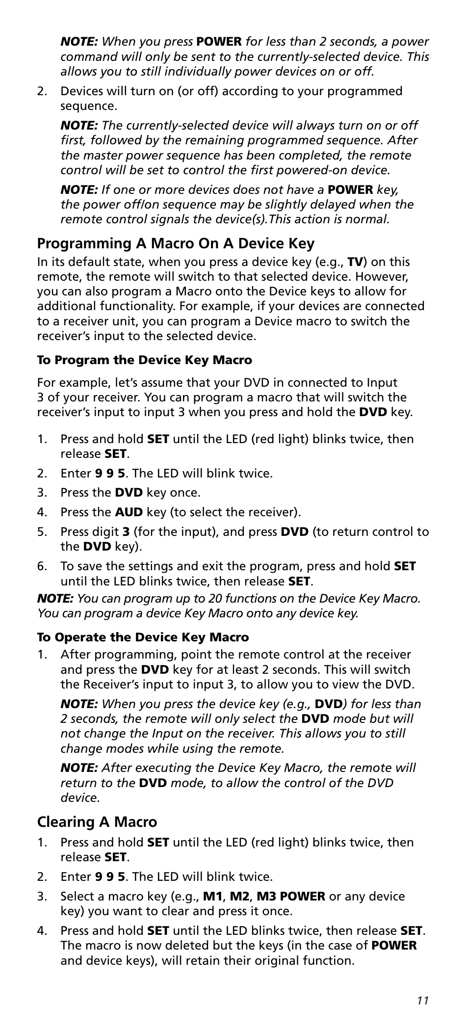 Programming a macro on a device key, Clearing a macro | One for All URC10820N User Manual | Page 11 / 34