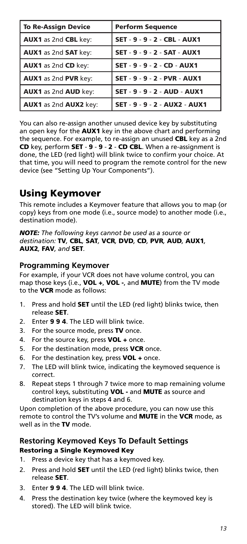 Using keymover, Programming keymover, Restoring keymoved keys to default settings | One for All URC10820N User Manual | Page 13 / 34