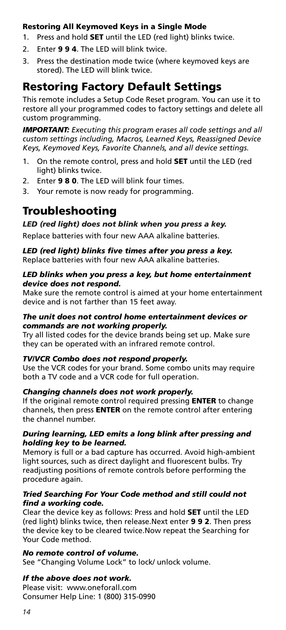 Restoring factory default settings, Troubleshooting | One for All URC10820N User Manual | Page 14 / 34