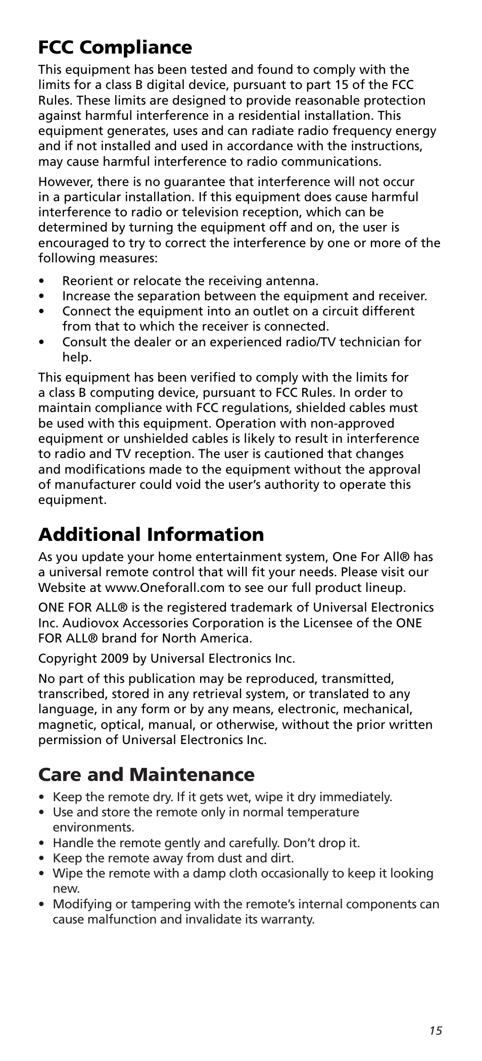 Fcc compliance, Additional information, Care and maintenance | One for All URC10820N User Manual | Page 15 / 34