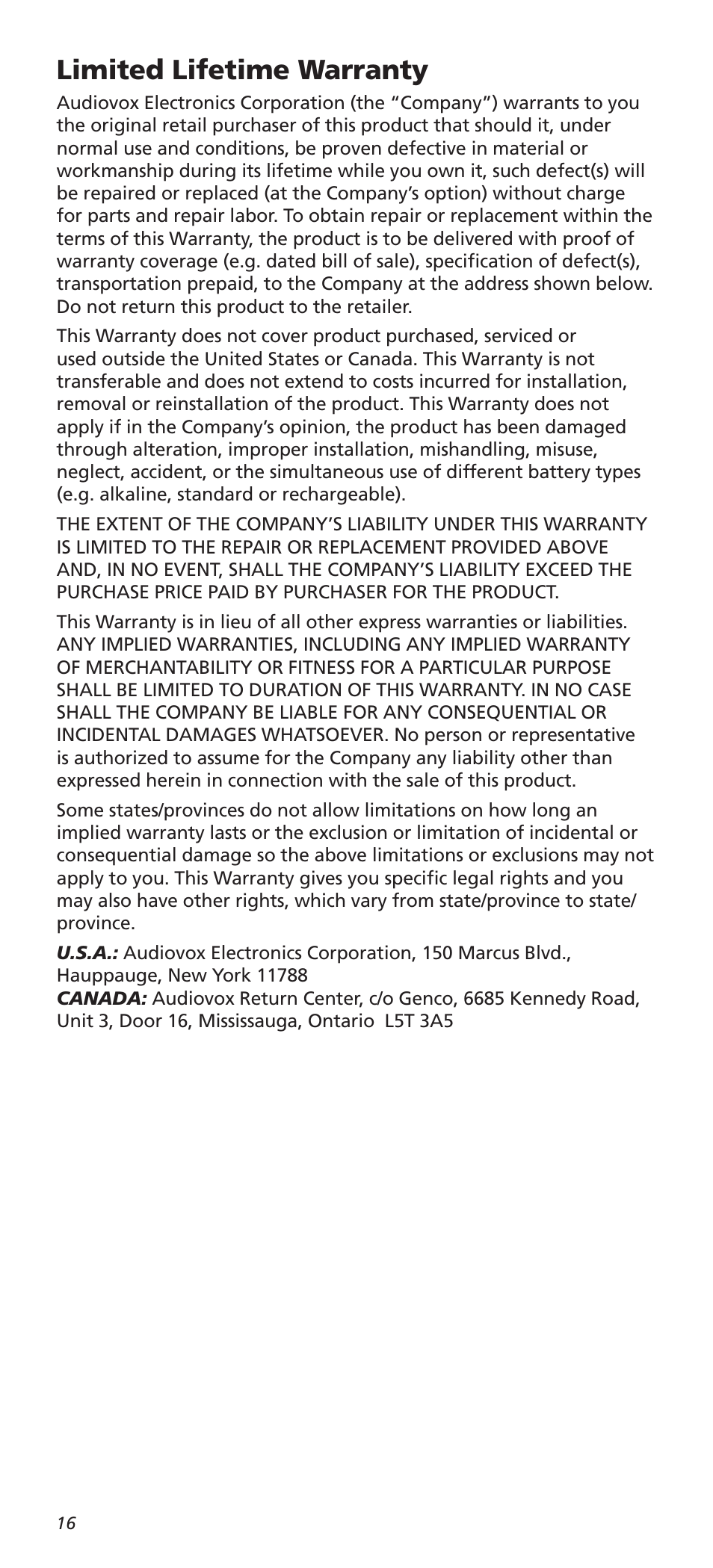Limited lifetime warranty | One for All URC10820N User Manual | Page 16 / 34