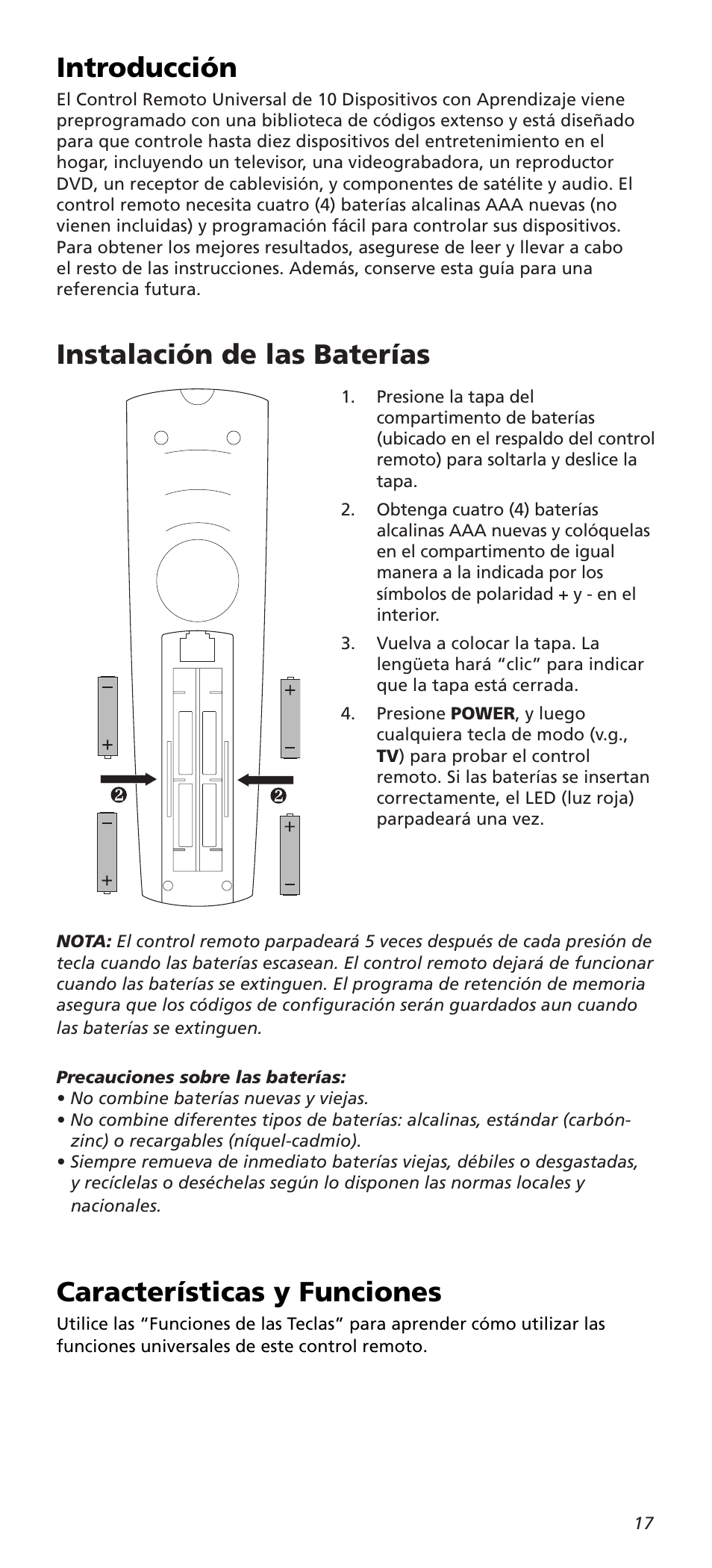 Introducción, Instalación de las baterías, Características y funciones | One for All URC10820N User Manual | Page 17 / 34