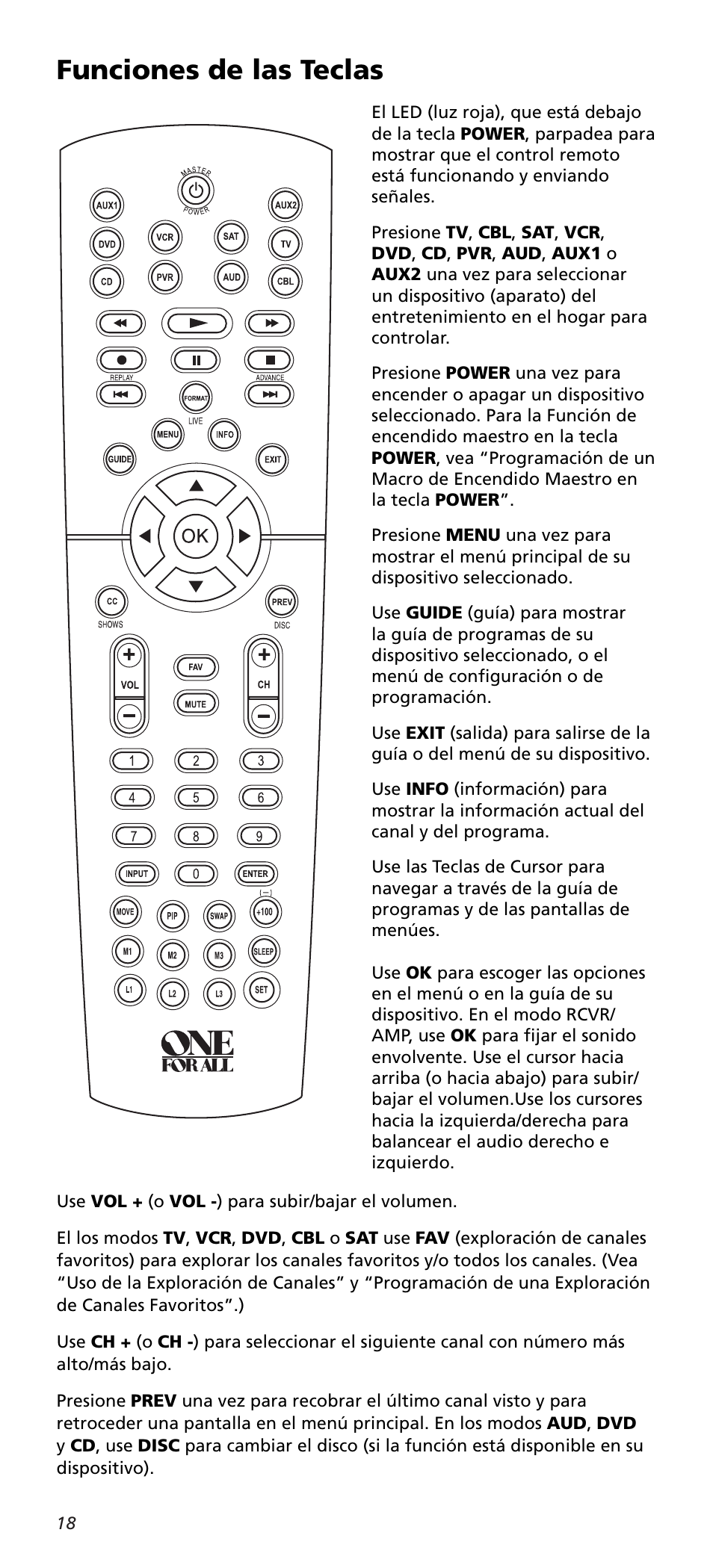 Funciones de las teclas | One for All URC10820N User Manual | Page 18 / 34