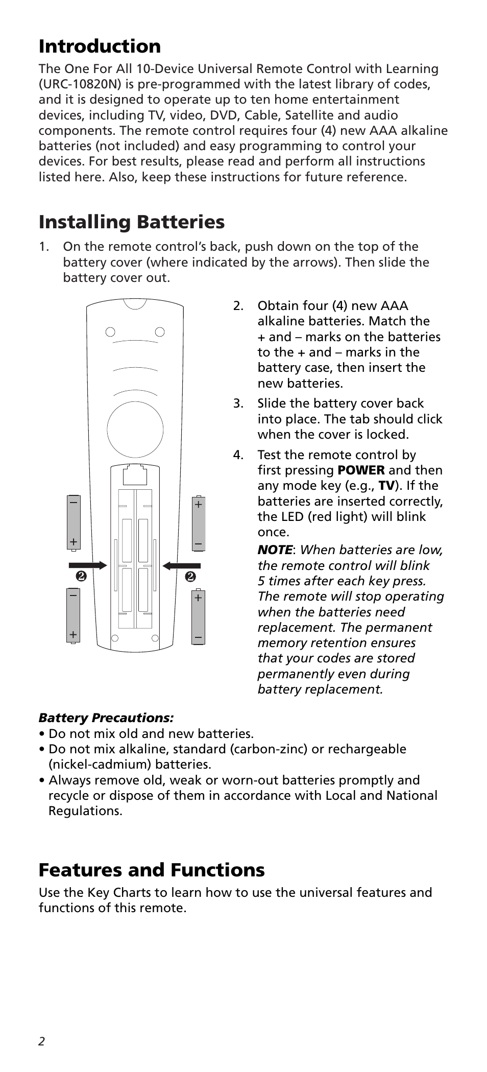 Introduction, Installing batteries, Features and functions | One for All URC10820N User Manual | Page 2 / 34
