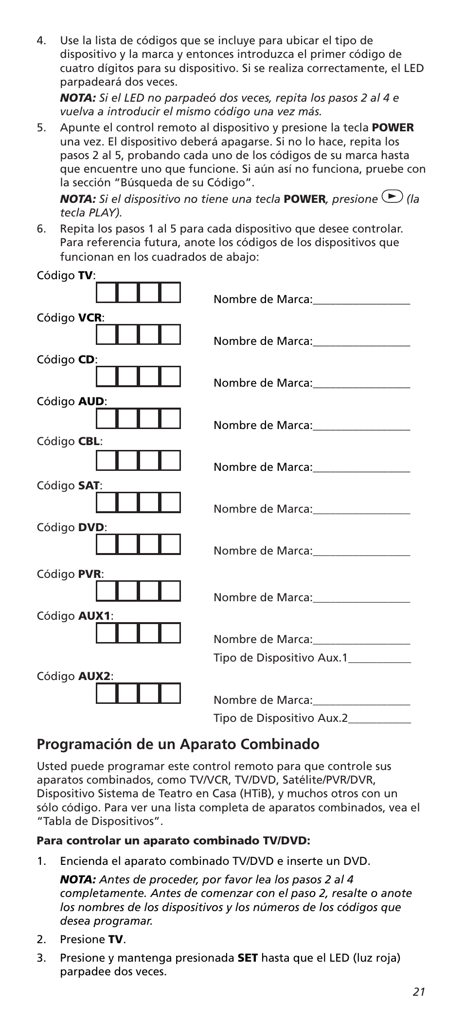 Programación de un aparato combinado | One for All URC10820N User Manual | Page 21 / 34