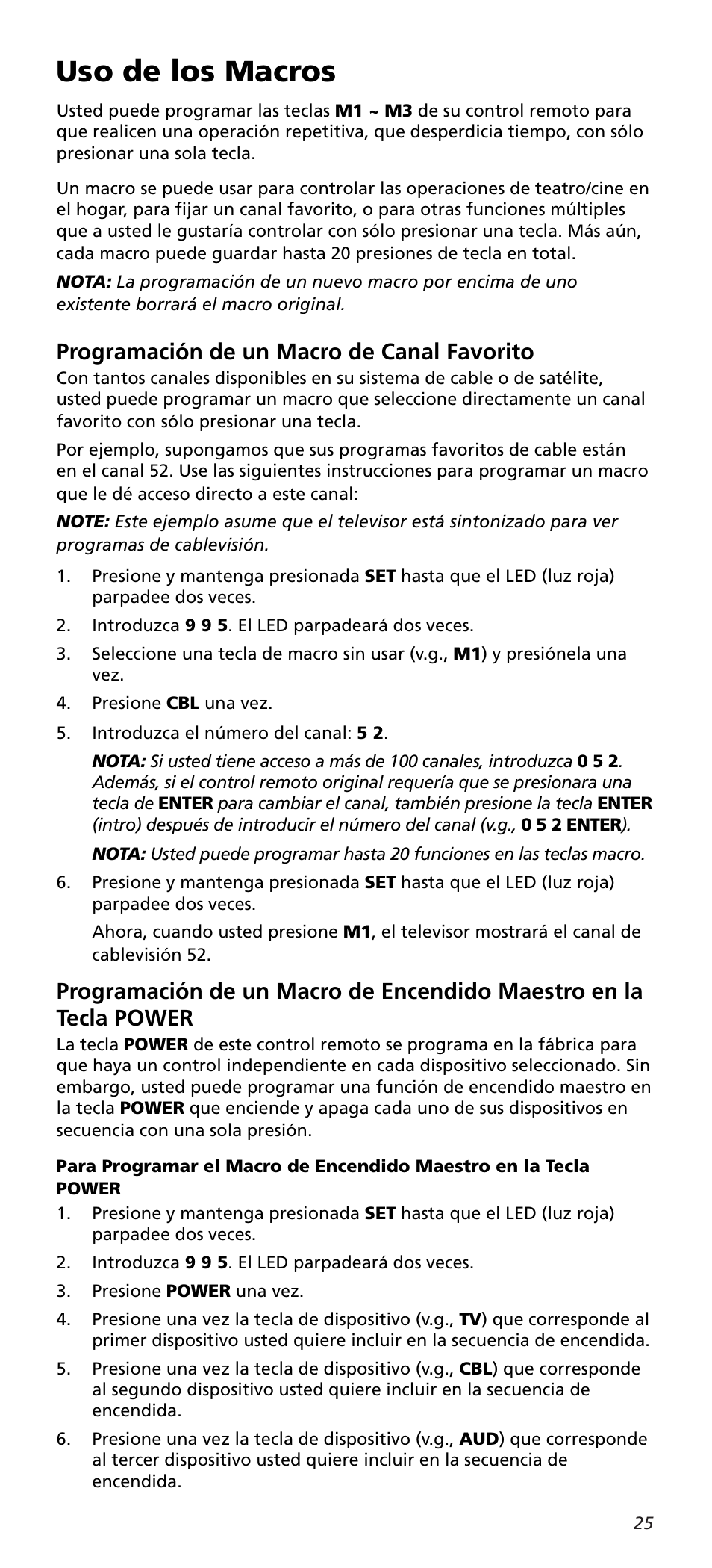 Uso de los macros, Programación de un macro de canal favorito | One for All URC10820N User Manual | Page 25 / 34