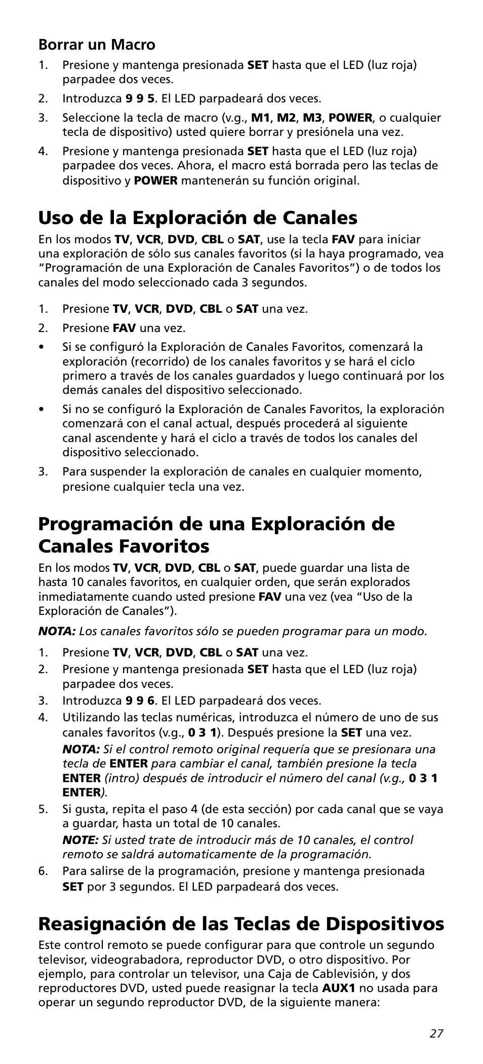 Uso de la exploración de canales, Reasignación de las teclas de dispositivos, Borrar un macro | One for All URC10820N User Manual | Page 27 / 34