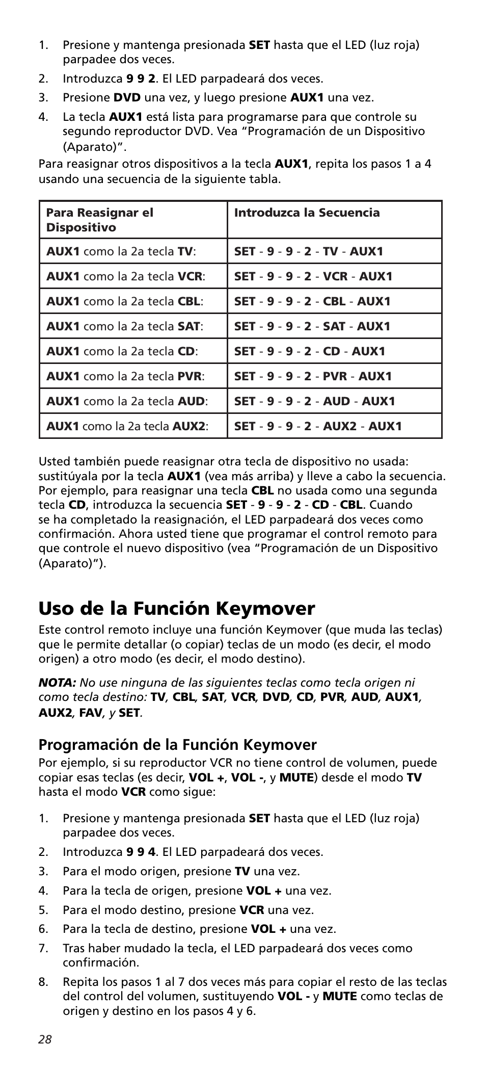 Uso de la función keymover, Programación de la función keymover | One for All URC10820N User Manual | Page 28 / 34