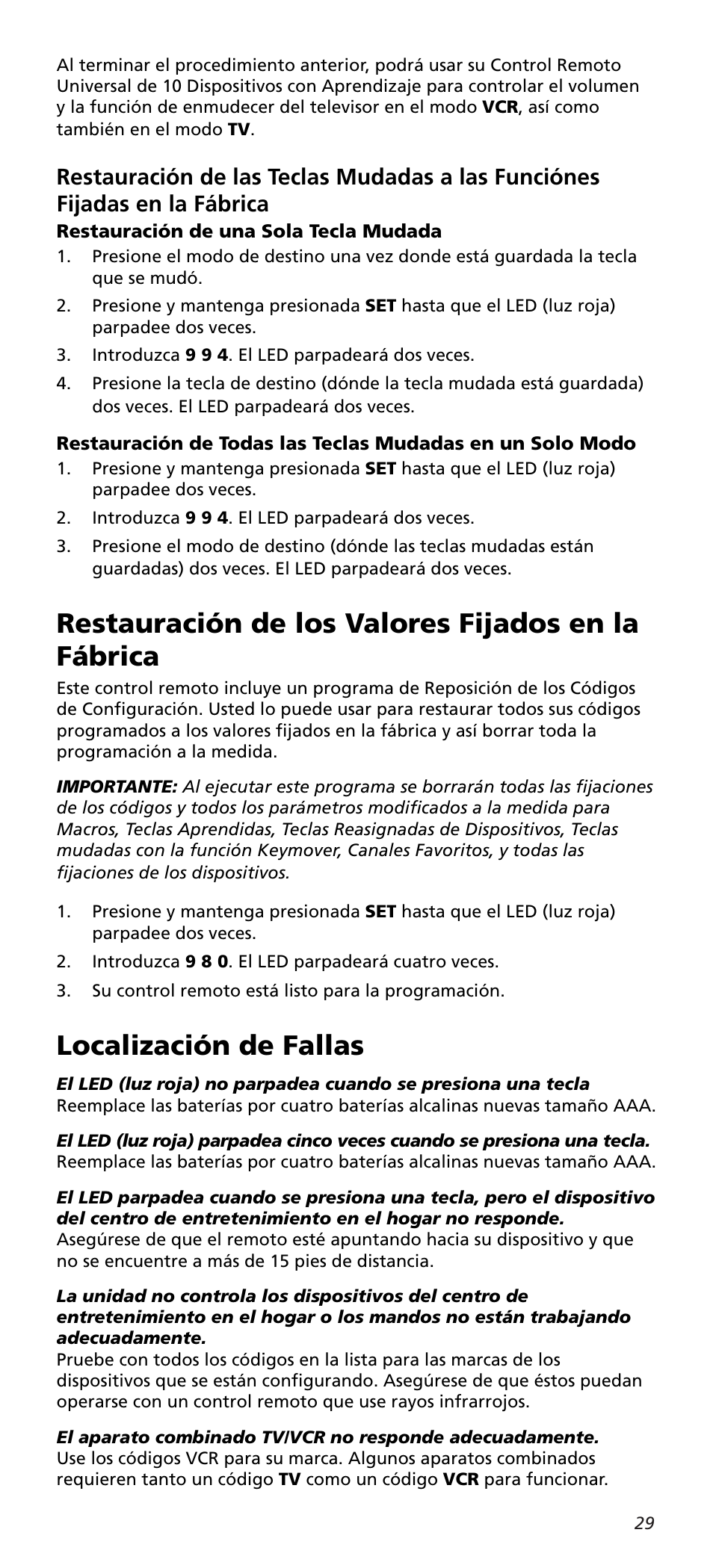 Restauración de los valores fijados en la fábrica, Localización de fallas | One for All URC10820N User Manual | Page 29 / 34
