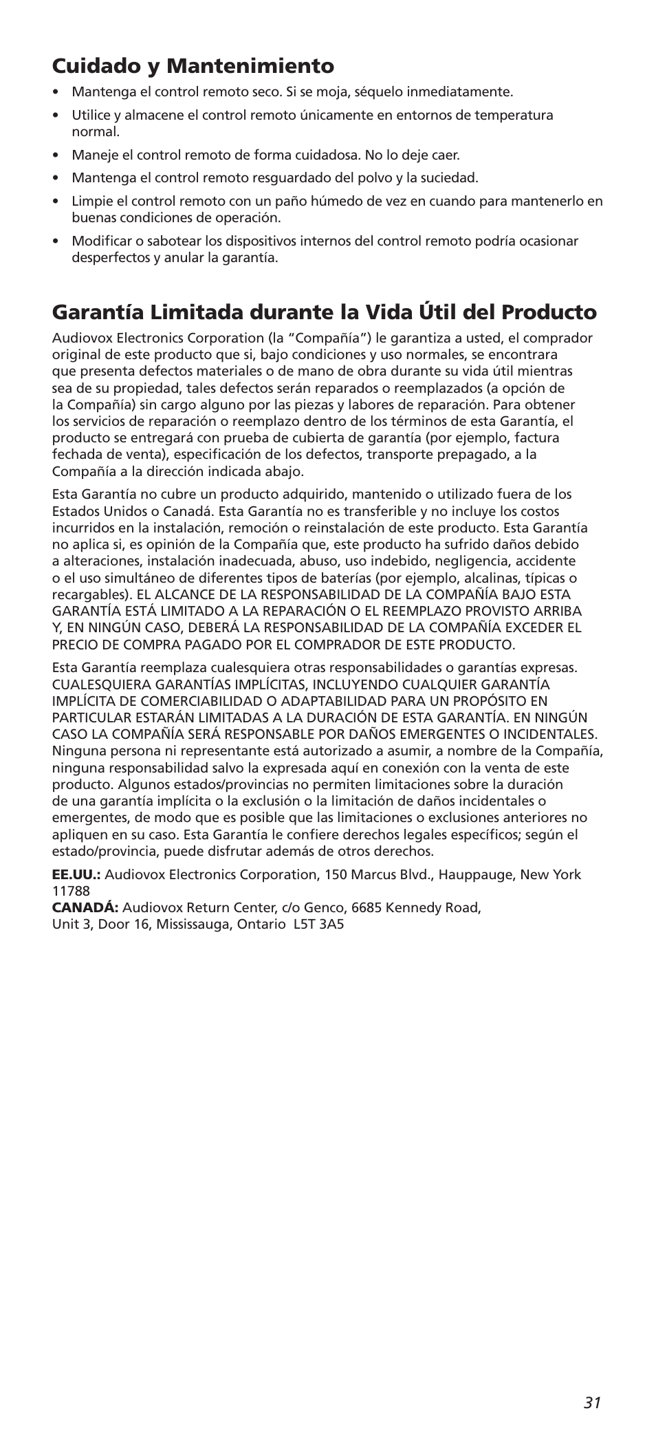 Cuidado y mantenimiento | One for All URC10820N User Manual | Page 31 / 34