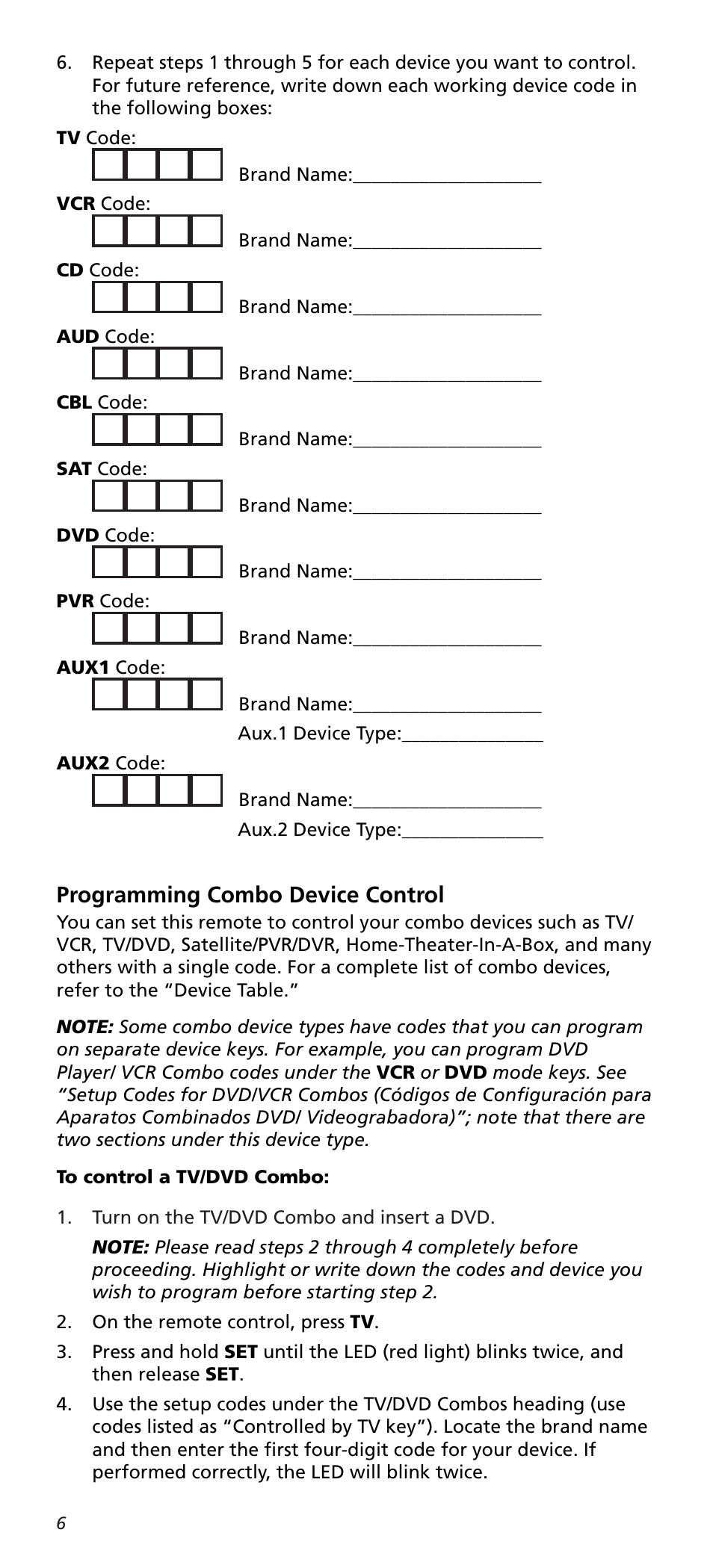 Programming combo device control | One for All URC10820N User Manual | Page 6 / 34
