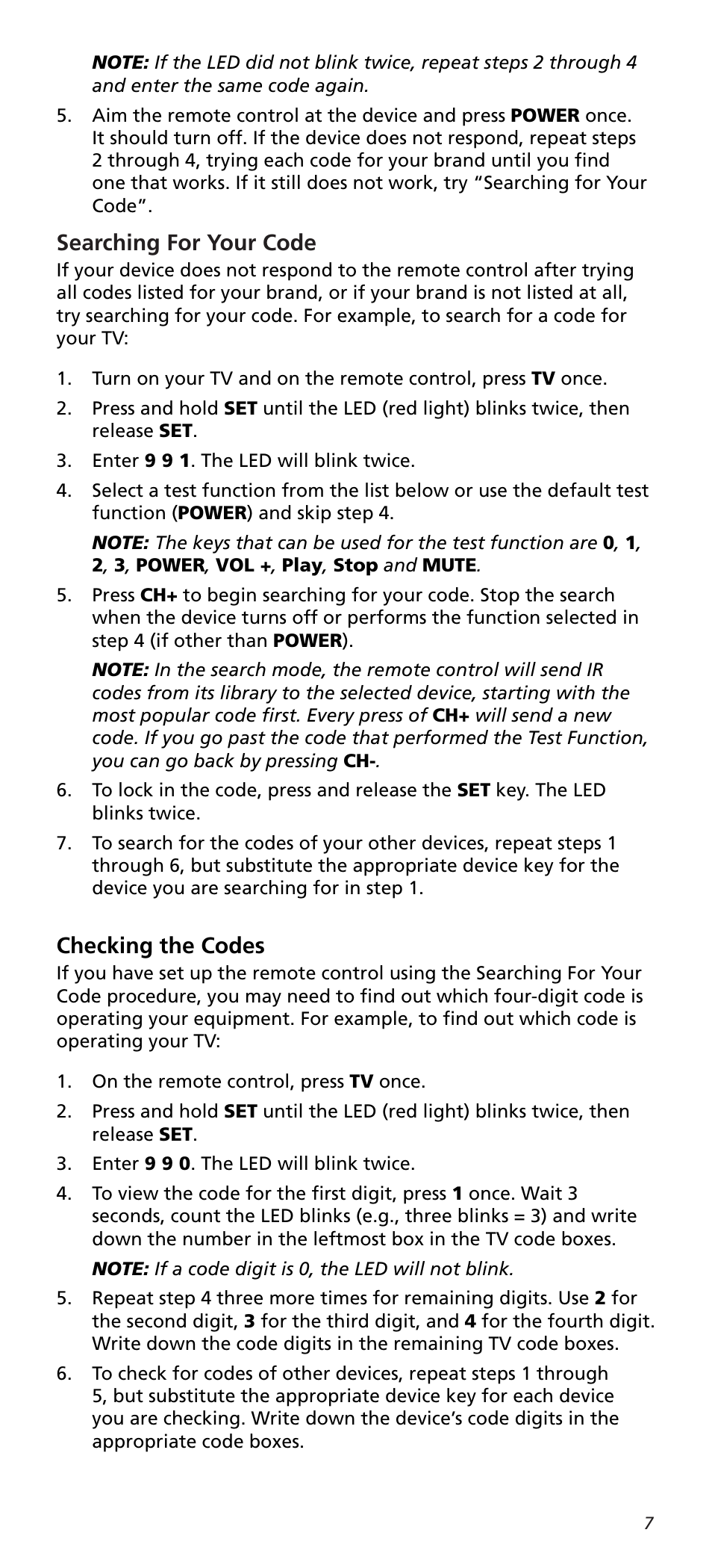 Searching for your code, Checking the codes | One for All URC10820N User Manual | Page 7 / 34