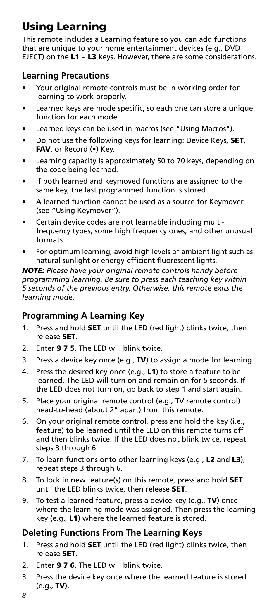 Using learning, Learning precautions, Programming a learning key | Deleting functions from the learning keys | One for All URC10820N User Manual | Page 8 / 34