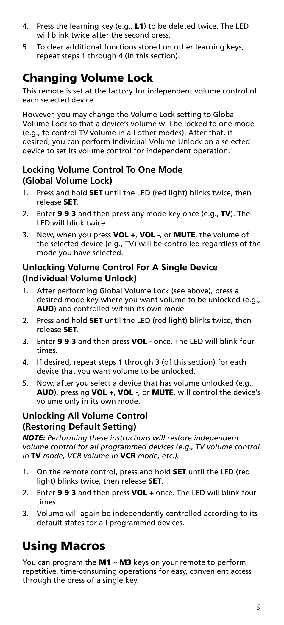 Using macros, Changing volume lock | One for All URC10820N User Manual | Page 9 / 34