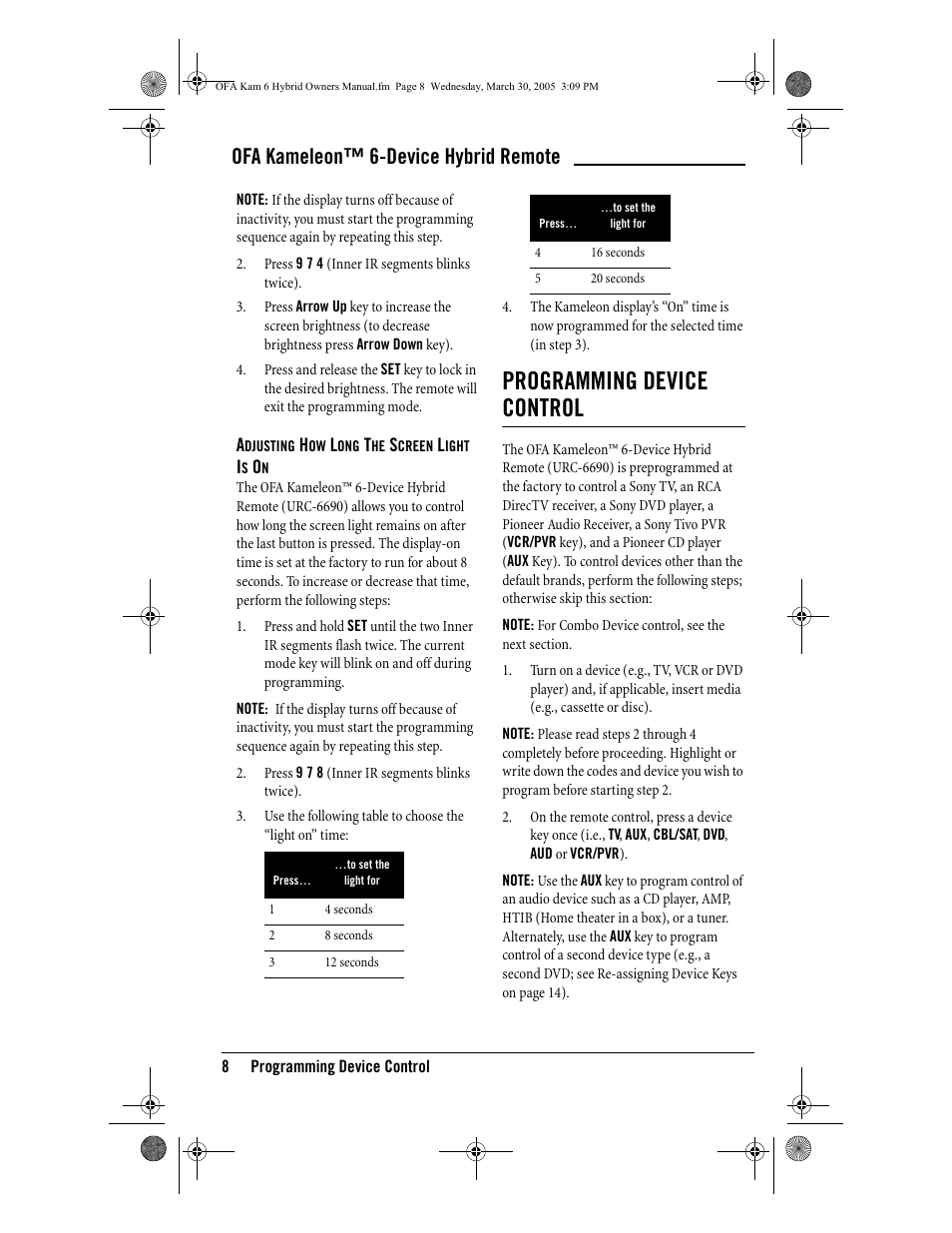 Programming device control, Ofa kameleon™ 6-device hybrid remote | One for All OFA KAMELEON URC-6690 User Manual | Page 10 / 44