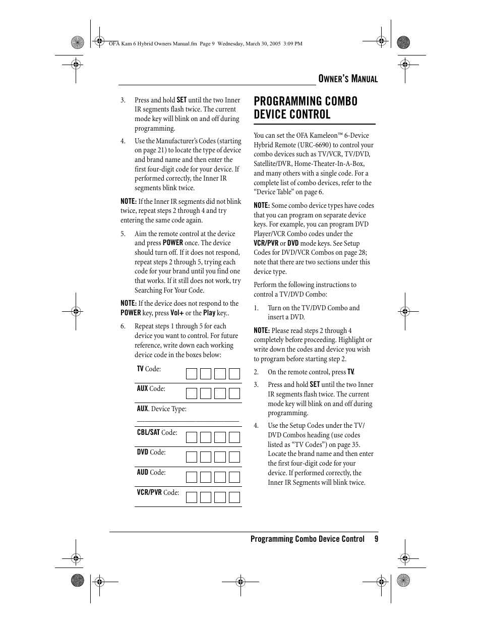Programming combo device control | One for All OFA KAMELEON URC-6690 User Manual | Page 11 / 44