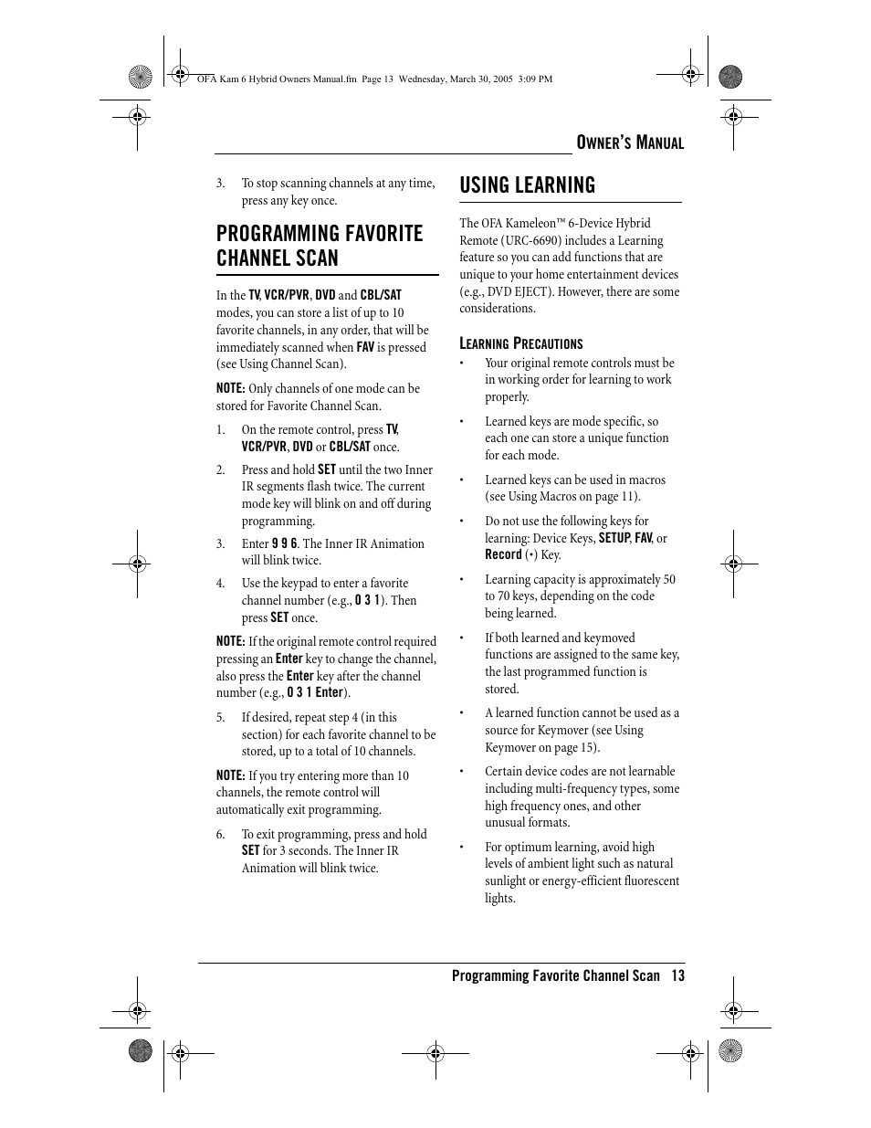 Programming favorite channel scan, Using learning | One for All OFA KAMELEON URC-6690 User Manual | Page 15 / 44