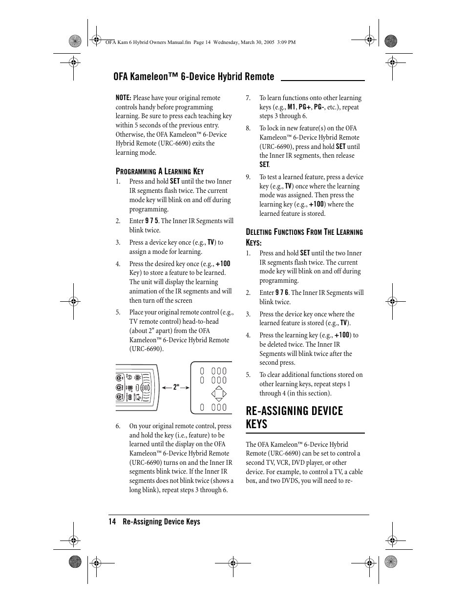 Re-assigning device keys, Ofa kameleon™ 6-device hybrid remote | One for All OFA KAMELEON URC-6690 User Manual | Page 16 / 44