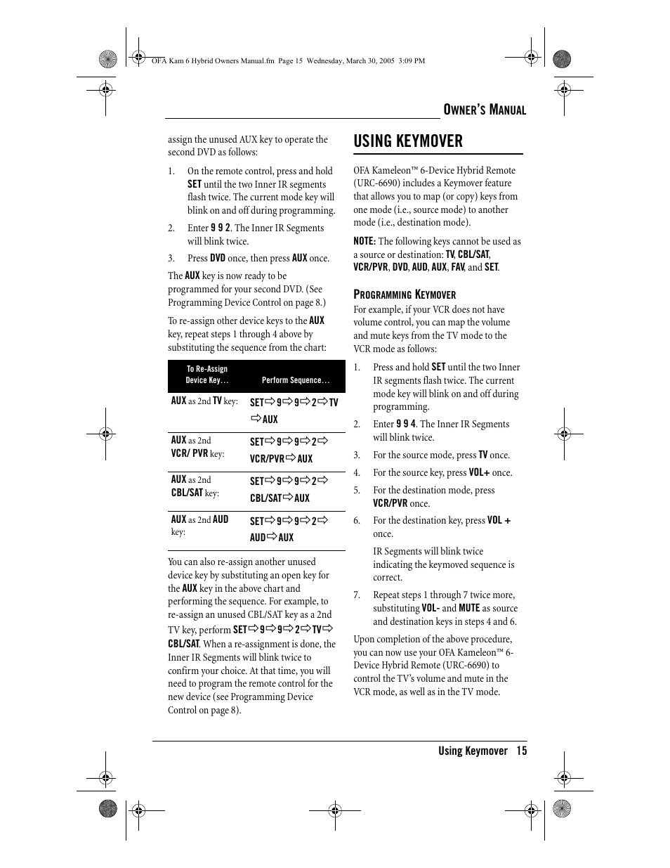 Using keymover | One for All OFA KAMELEON URC-6690 User Manual | Page 17 / 44