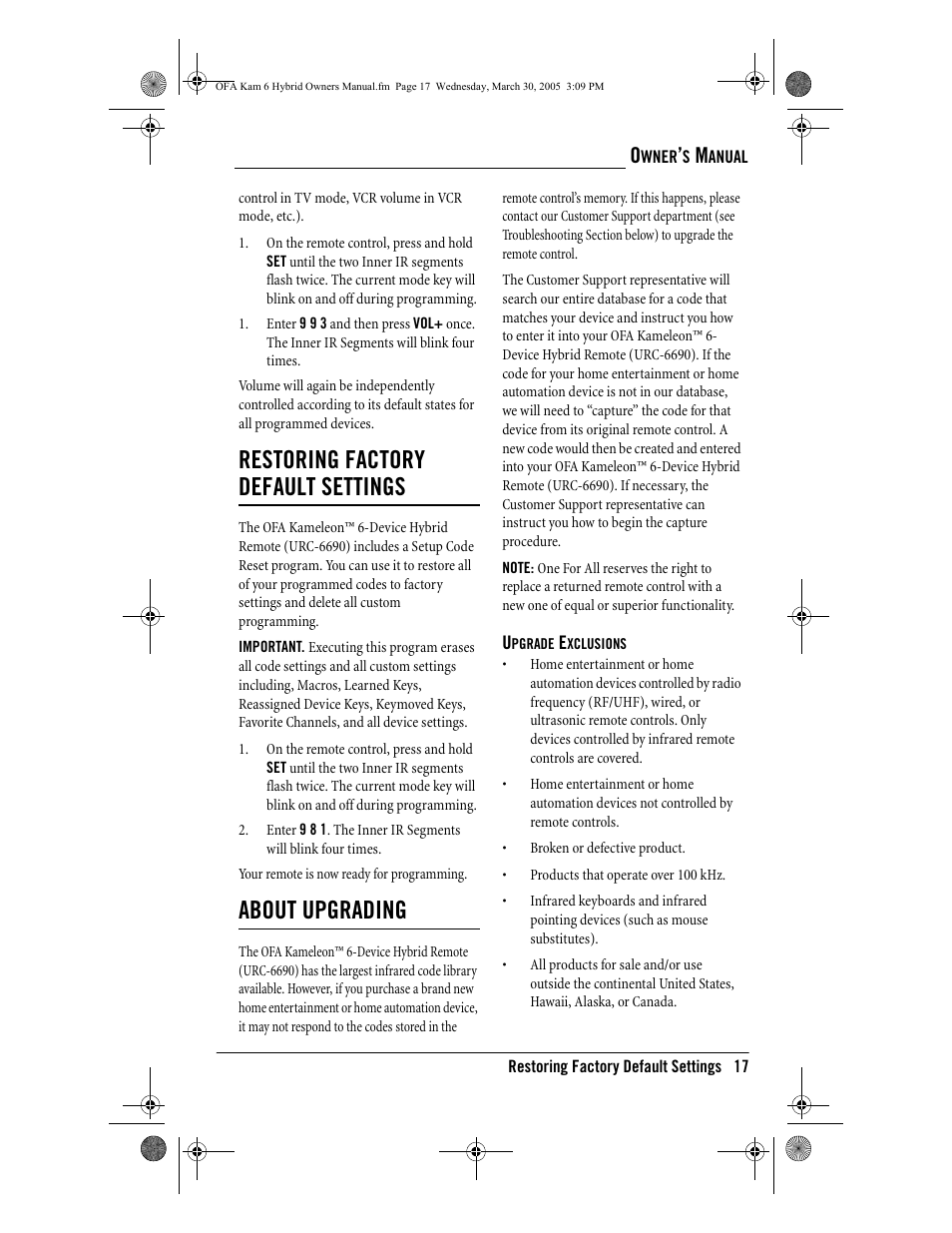 Restoring factory default settings, About upgrading | One for All OFA KAMELEON URC-6690 User Manual | Page 19 / 44