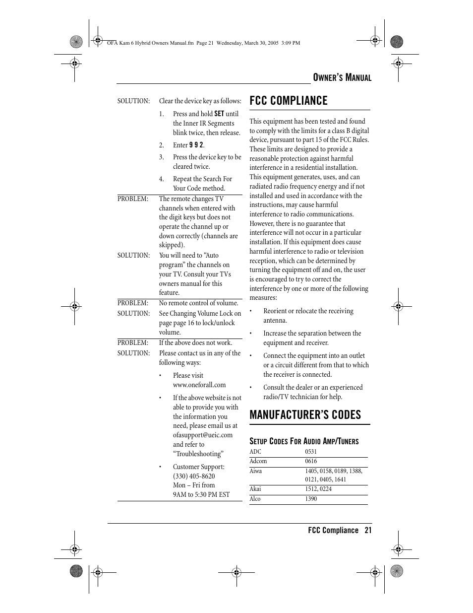 Fcc compliance, Manufacturer’s codes | One for All OFA KAMELEON URC-6690 User Manual | Page 23 / 44