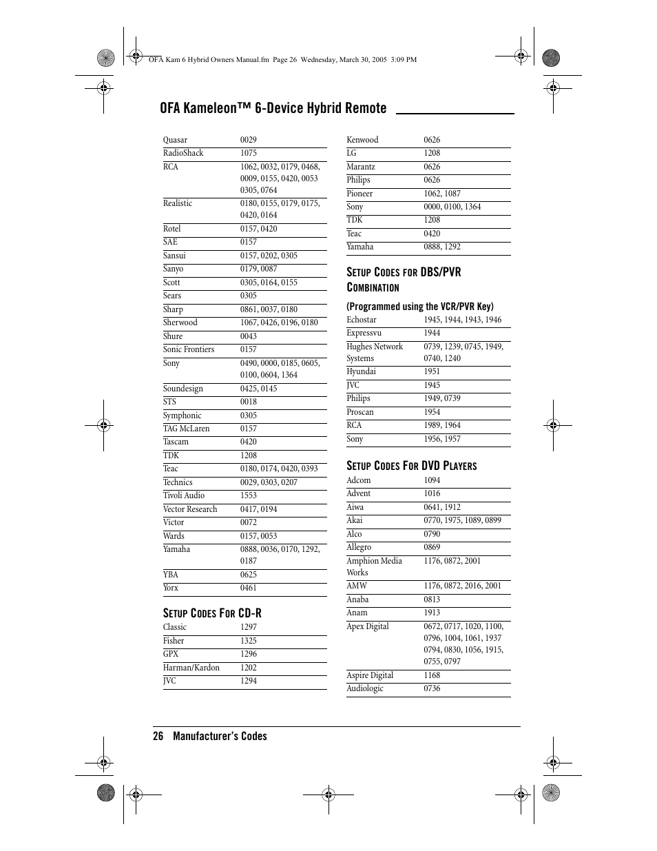 Ofa kameleon™ 6-device hybrid remote, Cd-r s, Dbs/pvr c | Dvd p | One for All OFA KAMELEON URC-6690 User Manual | Page 28 / 44