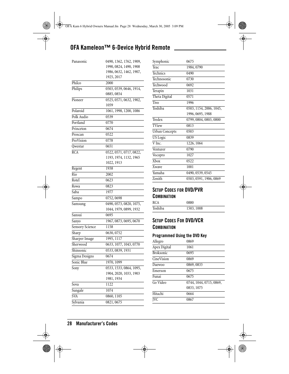 Ofa kameleon™ 6-device hybrid remote, Dvd/pvr c, Dvd/vcr c | One for All OFA KAMELEON URC-6690 User Manual | Page 30 / 44