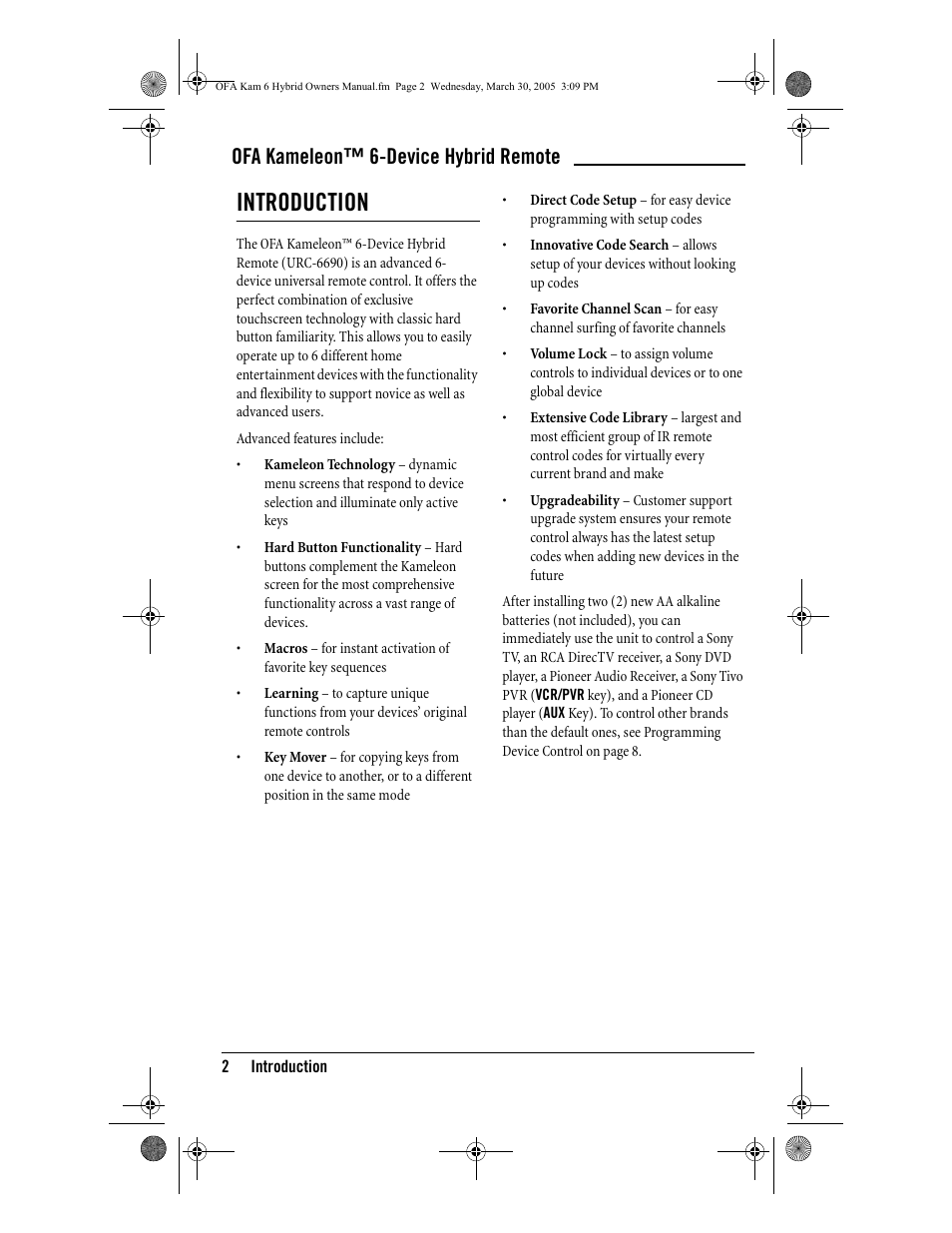 Introduction, Ofa kameleon™ 6-device hybrid remote | One for All OFA KAMELEON URC-6690 User Manual | Page 4 / 44