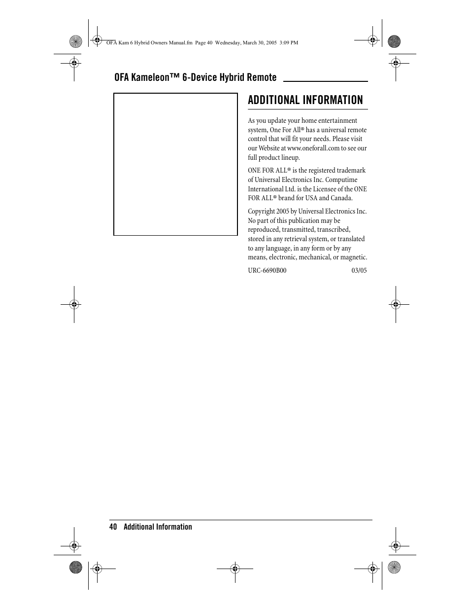 Additional information, Ofa kameleon™ 6-device hybrid remote | One for All OFA KAMELEON URC-6690 User Manual | Page 42 / 44
