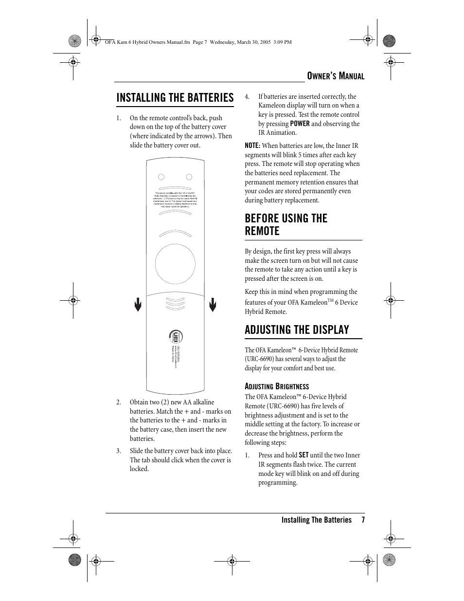 Installing the batteries, Before using the remote, Adjusting the display | One for All OFA KAMELEON URC-6690 User Manual | Page 9 / 44