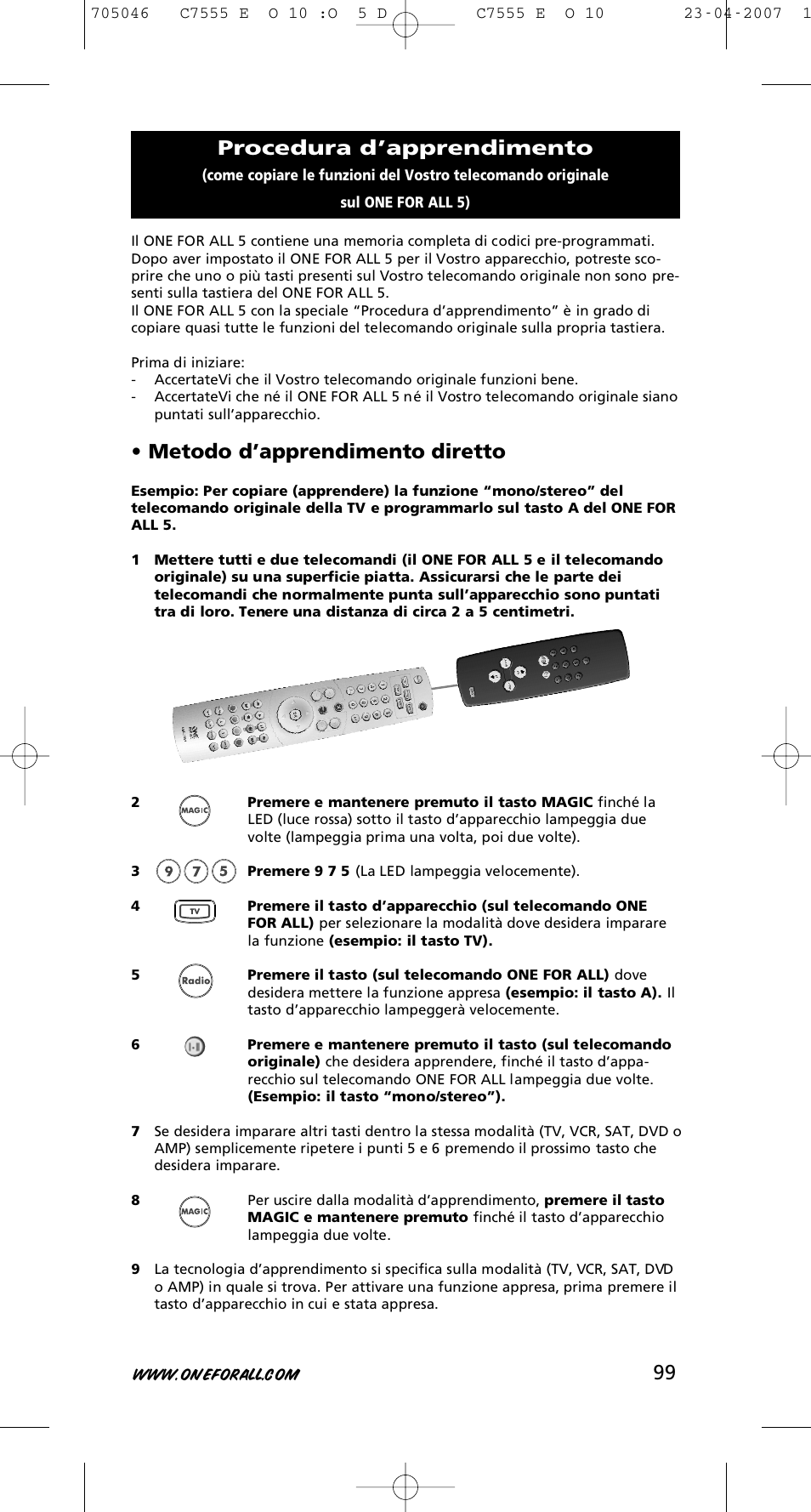 Metodo d’apprendimento diretto, Procedura d’apprendimento | One for All URC-7780 User Manual | Page 100 / 205
