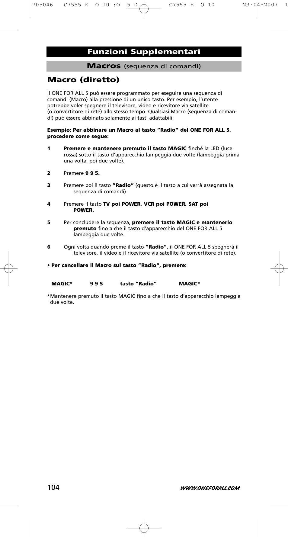 Macros, Funzioni supplementari macro (diretto) | One for All URC-7780 User Manual | Page 105 / 205