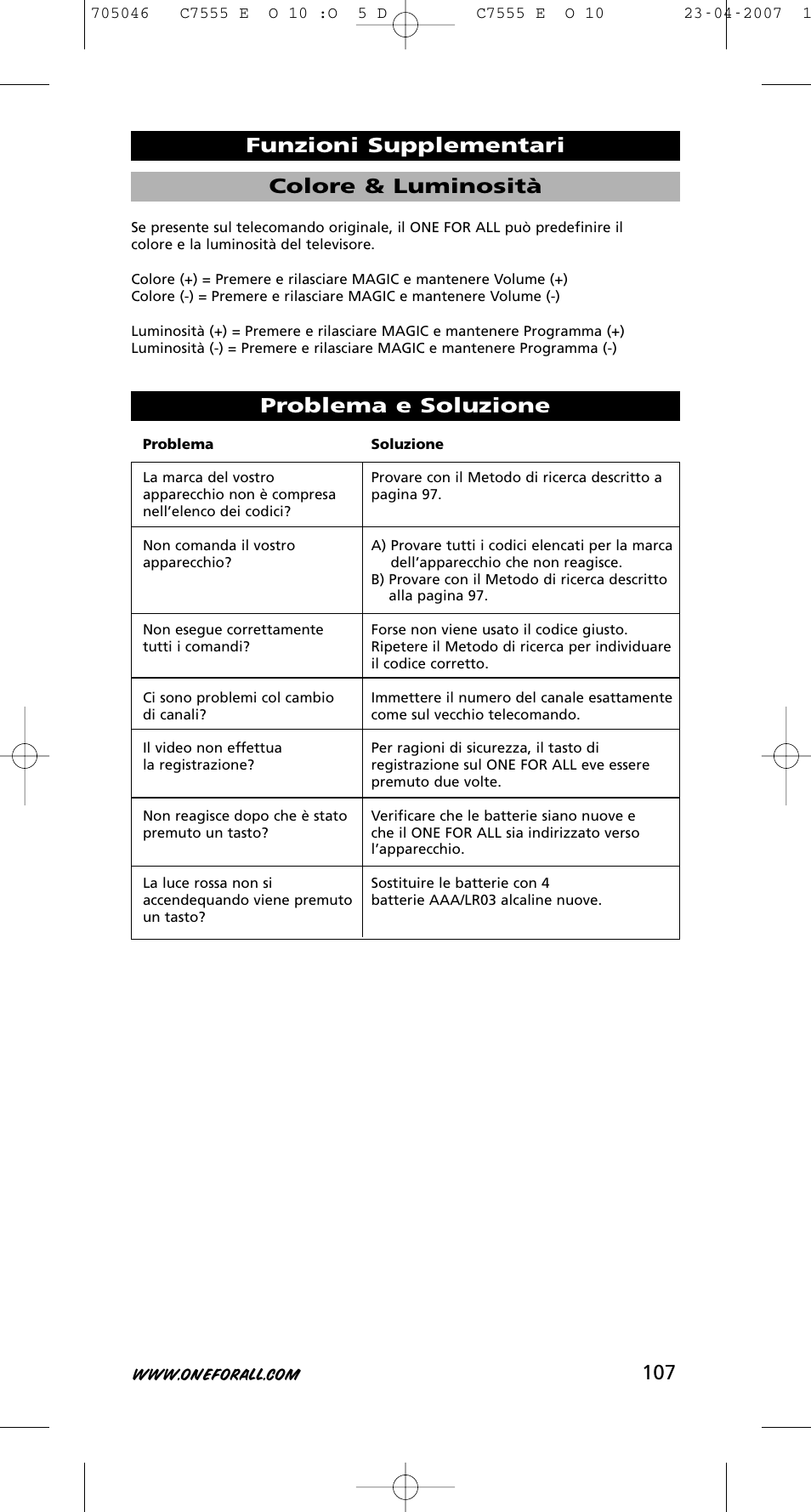 107 problema e soluzione, Colore & luminosità funzioni supplementari | One for All URC-7780 User Manual | Page 108 / 205