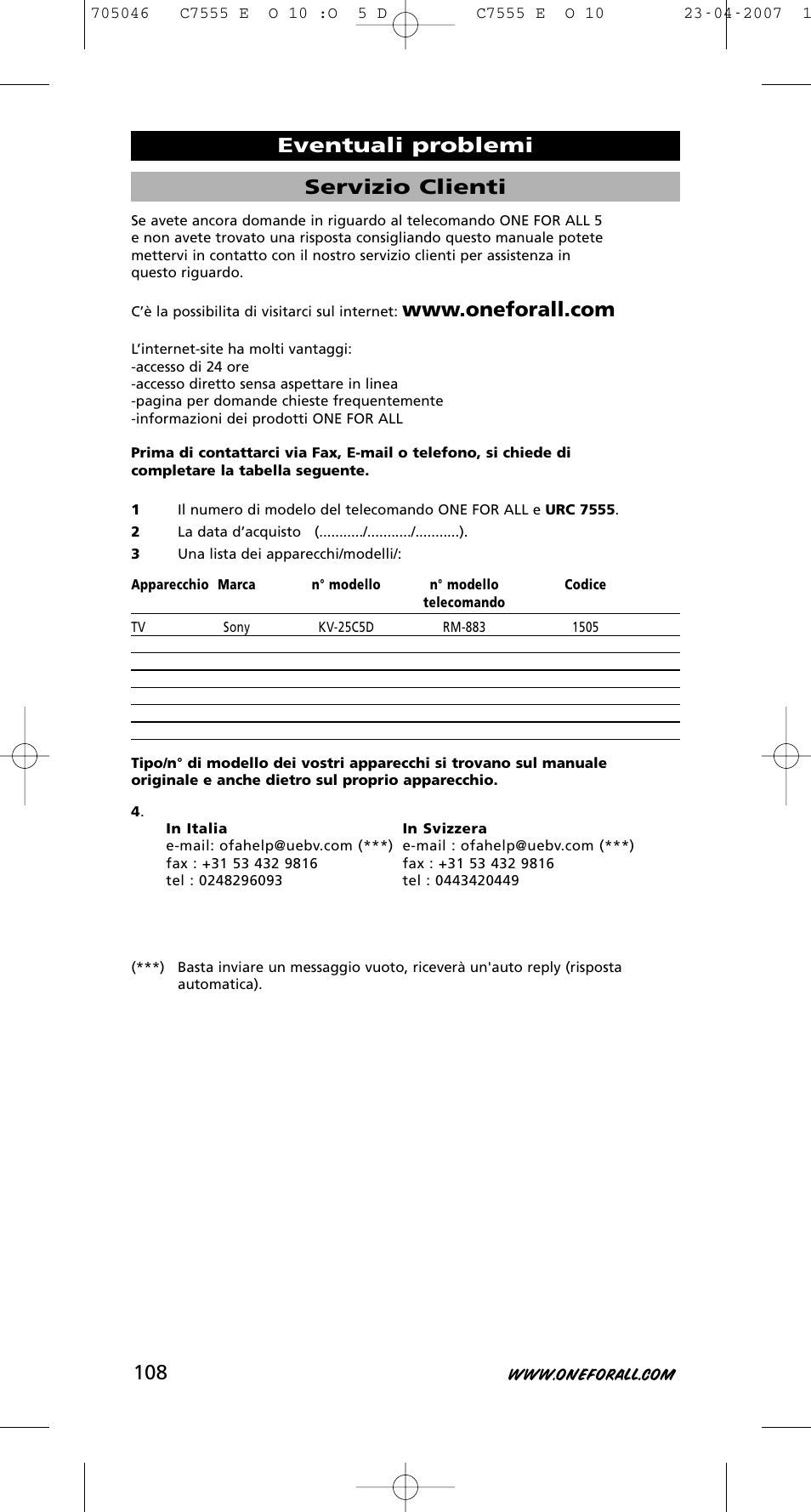 Servizio clienti, Eventuali problemi | One for All URC-7780 User Manual | Page 109 / 205