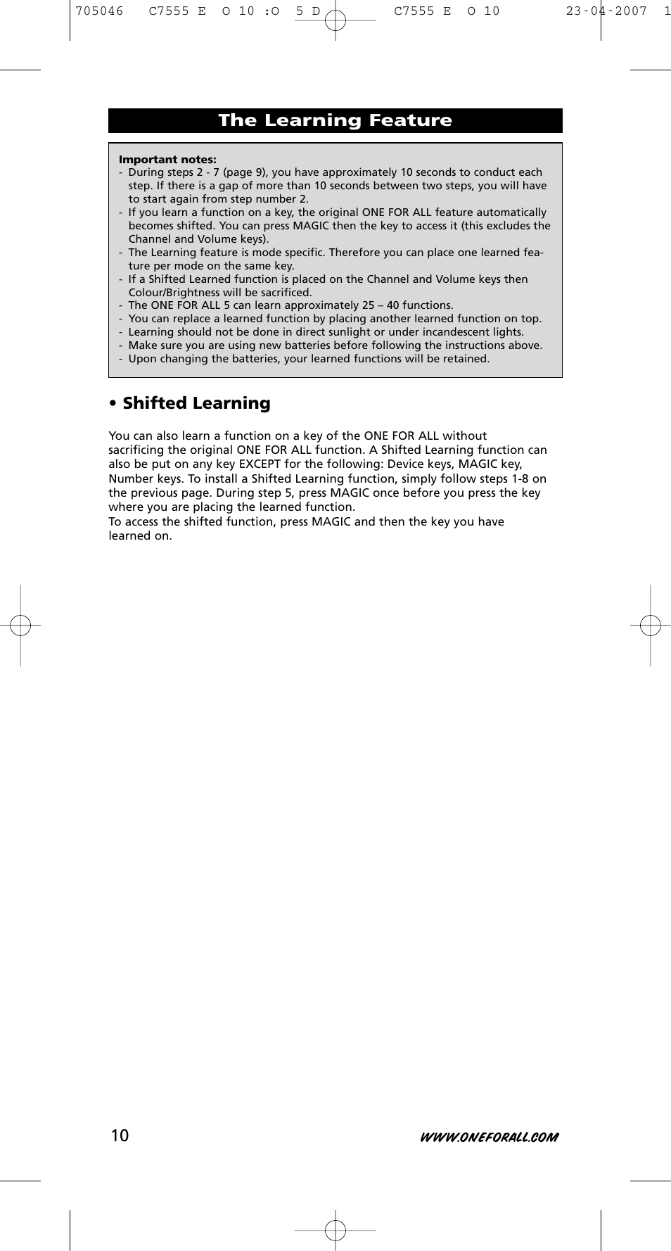 The learning feature • shifted learning | One for All URC-7780 User Manual | Page 11 / 205