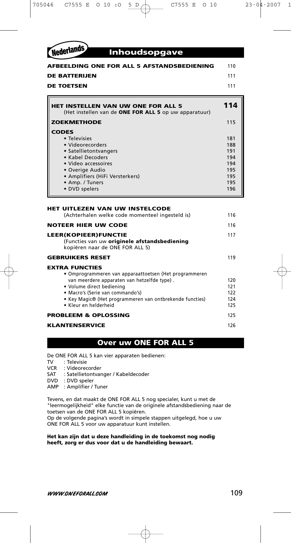 Nederlan ds, Inhoudsopgave, Over uw one for all 5 | One for All URC-7780 User Manual | Page 110 / 205