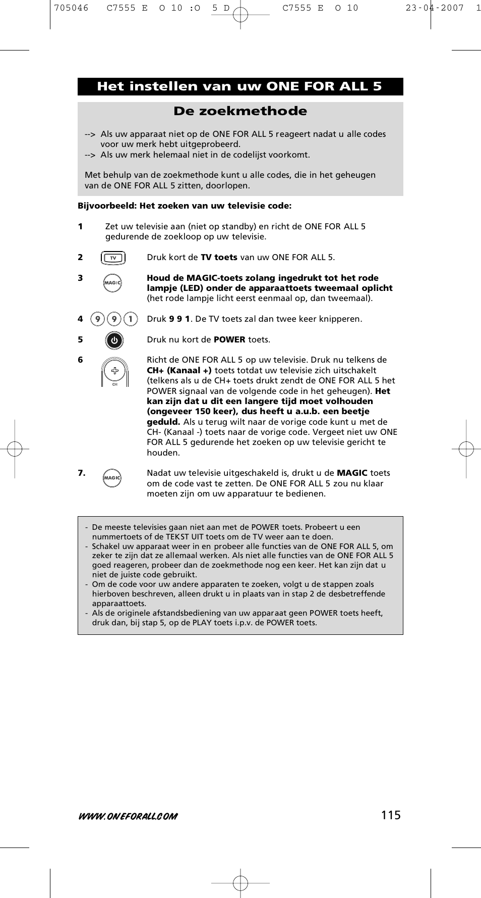 Het instellen van uw one for all 5 de zoekmethode | One for All URC-7780 User Manual | Page 116 / 205